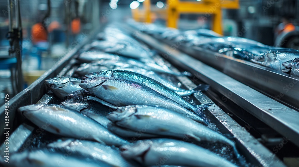 Fototapeta premium Freshly caught fish moving along conveyor belt in factory