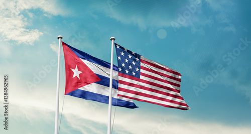 Photography Cuba and America friendship flags are waving in the sky