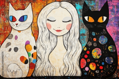 Colorful whimsical artwork featuring a serene woman surrounded by imaginative cats with vibrant patterns