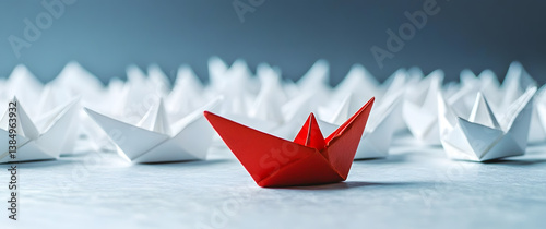Leadership, successful business startup or competitive advantage theme. A red paper boat distinguishing itself from a sea of white boats.