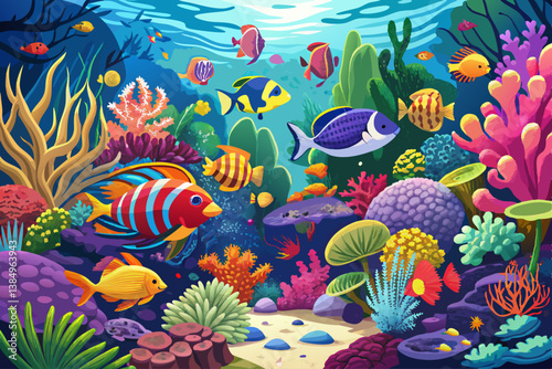 vector of Colorful coral reef teeming with diverse fish species. Vibrant underwater ecosystem alive with aquatic beauty