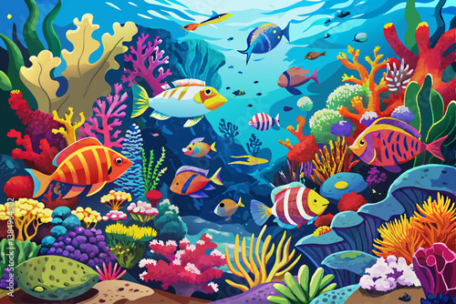 vector of Colorful coral reef teeming with diverse fish species. Vibrant underwater ecosystem alive with aquatic beauty