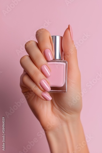 Female hand with pink nail polish holding bottle, showing glossy manicure and clean nails in a beauty and fashion concept.