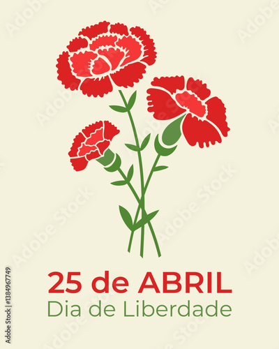 Greeting card to 25 April Portugal Freedom Day, Carnation Revolution. Red carnations with a green stem on a light background. Vector illustration