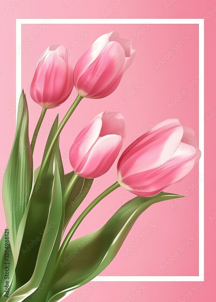 Fototapeta premium Tulips Poster Design with Pink Background, White Geometric Frame, and Minimalist Flat Style