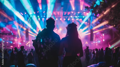 A couple silhouette in the foreground, surrounded by colorful lights and laser beams at an outdoor concert venue, Generative AI illustrations.