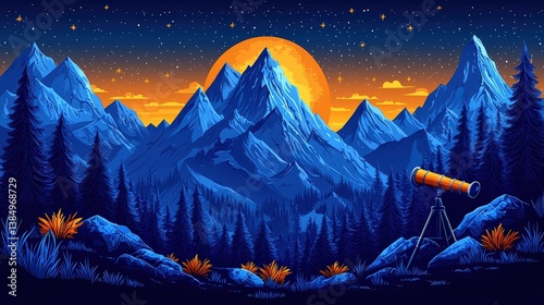 Starry Night Landscape with Mountains, Telescope, and Full Moon in a Vibrant Color Palette