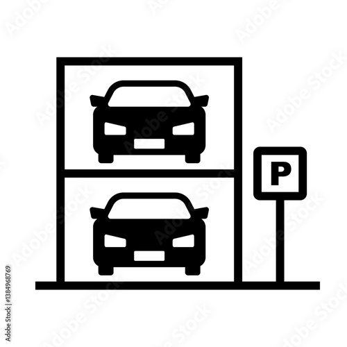 Multistory parking lot and parking sign pole silhouette icon. Vector.