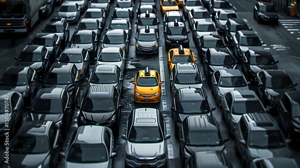 Fototapeta premium New york landscape with lots of black cars in traffic, with only 1 yellow car looking like a taxi, stuck in the traffic, Generative AI illustrations. 