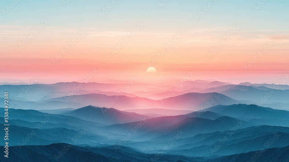 Serene Sunrise Over Misty Mountain Range with Soft Color Palette and Layered Hills Serene Sunrise Over Misty Mountain Range with Soft Color Palette and Layered Hills
