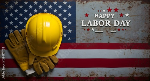 Happy Labor Day A yellow hard hat and work gloves rest on a weathered American flag symbolizing hardworking Americans and celebrating their contributions on this special day Rustic AI Generative
