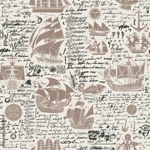 Vector abstract seamless background on the theme of travel, adventure and discovery. Old caravels, vintage sailing yachts, wind roses, anchors and fish and birds in vintage style. With illegible text