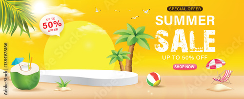 Summer sale podium display, coconut fruit, coconut trees, pile of sand, beach umbrella, banner design, cloud and sky on yellow background, Vector illustration