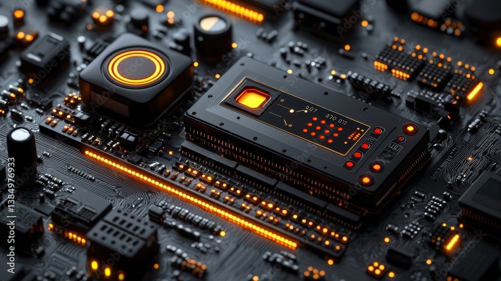 Fototapeta premium Modern Circuit Board with LED Lights and Microchips for Technology and Innovation Background Use