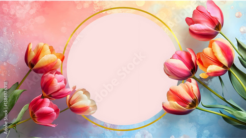 A vibrant floral background with tulips and a circular blank space for text.