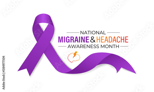 Vector illustration on the theme of National Migraine and headache awareness month in June. Symptoms can include severe throbbing pain, nausea, light sound sensitivity, and aura. Banner and background