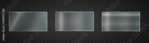 Ribbed glass glossy banner. Abstract gradient transparent background. Plastic texture clear rectangular banners isolated