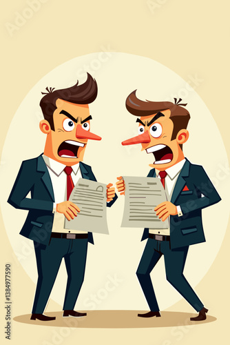 Bitter Business Breakup: Cartoon Vector Illustration of Two Furious Executives Tearing a Contract in Half After a Heated Argument, Symbolizing Failed Negotiations & Disagreements