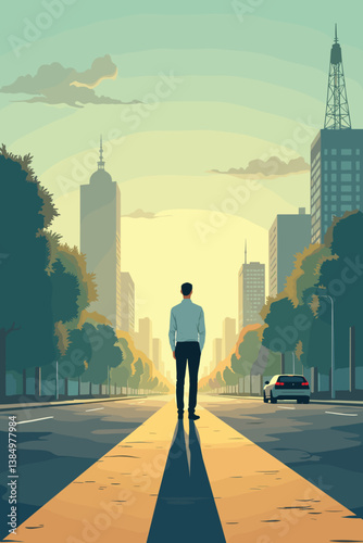 Businessman Stands at Crossroads in Urban Cityscape: Concept for Financial Decisions, Career Strategy, Corporate Vision & Future Outlook - Vector Illustration
