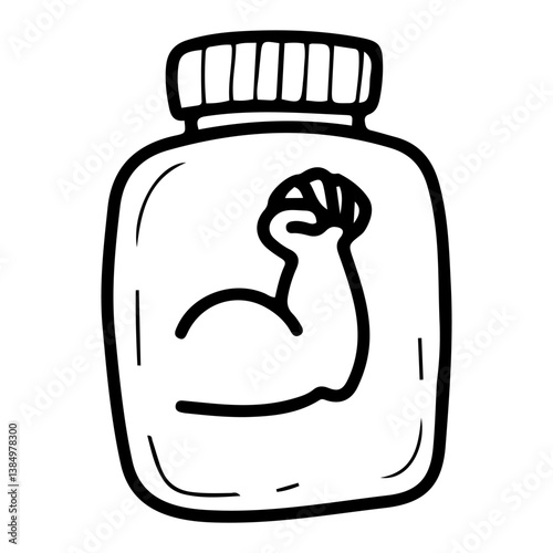 Sports nutrition. Hand drawn doodle. Protein container. Food supplement. Muscle building. Healthy lifestyle. Plastic jar with lid. Vector line art illustration.
