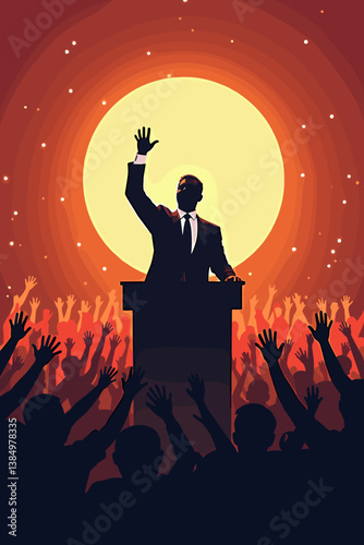 Inspiring Political Leader at Podium Vector Illustration: Silhouette Figure, Crowd of Supporters, Motivational Speech, Rally Event, Public Speaking, Dark, Power, Orange, Propaganda