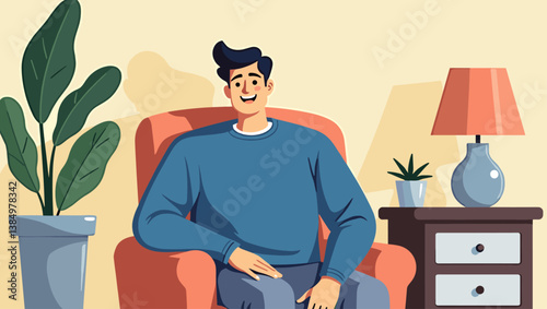 Relaxed Young Man Sitting Comfortably in Armchair at Home: Vector Illustration of Peaceful Leisure Time in a Stylish Interior with Plants and Modern Decor