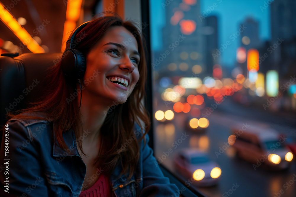 Naklejka premium happy girl in headphones rides sky train, listens to music and looks at night city street in illumination and street lights