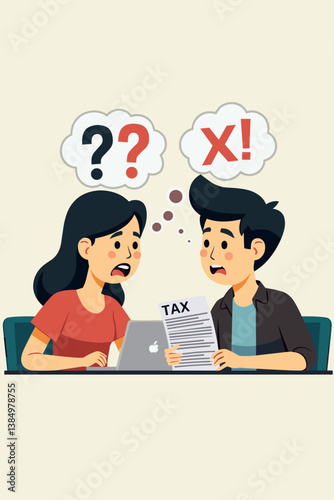 Frustrated Couple Struggling with Online Tax Filing, Confused by Paperwork, Seeking Help. Cartoon Vector Illustration Perfect for Tax Season Marketing and Financial Education Materials.