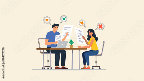 Frustrated Couple Navigating Complex Taxes Online: Stressful Financial Planning with Confusing Tax Forms, Deadline Pressure, and Tax Season Blues - Vector Illustration