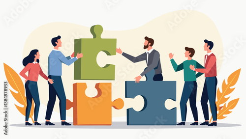 United Teamwork: Diverse Professionals Connecting Colorful Puzzle Pieces for Synergy & Innovation. Collaboration, Problem Solving, and Strategic Partnerships Vector Graphic