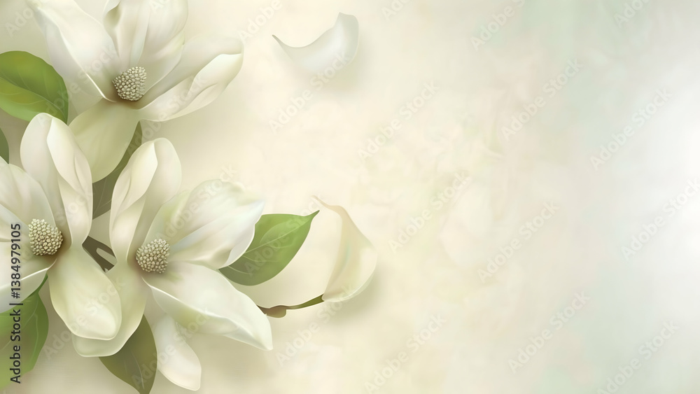 Elegant illustration of white magnolia flowers against a soft, pastel background.