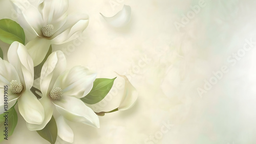 Elegant illustration of white magnolia flowers against a soft, pastel background.