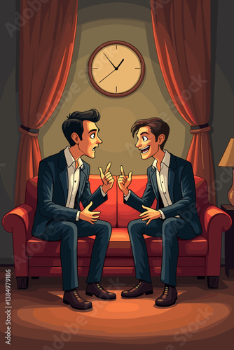 Scheming Businessmen in a Retro Living Room: Vector Graphic Depicting Conspiracy, Deception, and Strategic Planning in a Classic Interior Setting for Commercial Use