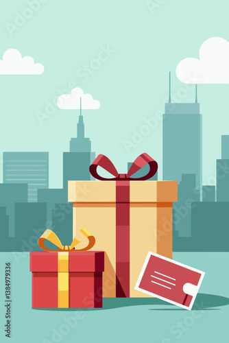 City Rewards Program Vector: Modern Loyalty Card with Stacked Gift Boxes, Flat Design Style for Business Promotion, Marketing, and Customer Appreciation Initiatives (Editable)