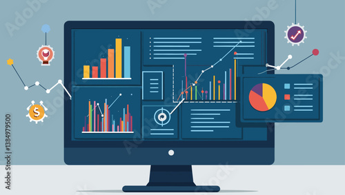 Financial Data Analysis Dashboard Vector Graphic: Computer Displaying Business Insights, Graphs, Charts, Investment Tracking, and Marketing Analytics for Strategic Planning & Decision Making.
