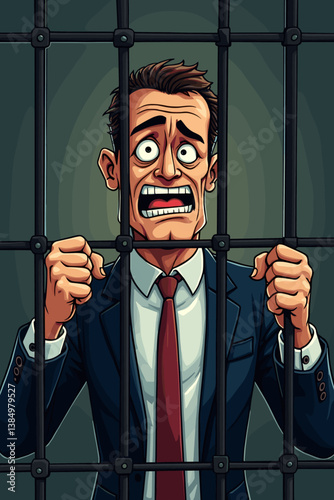 Cartoonish Business Crime: Anxious Businessman Clutching Jail Bars, Illustrating Corporate Corruption, Legal Trouble, and Desperation For Lawyers, Crisis Management