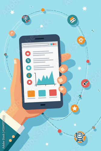 Mobile App Analytics Vector: Data Driven Marketing & Conversion Tracking on Smartphone with Business Growth Chart and Strategy Icons on a Light Blue Background