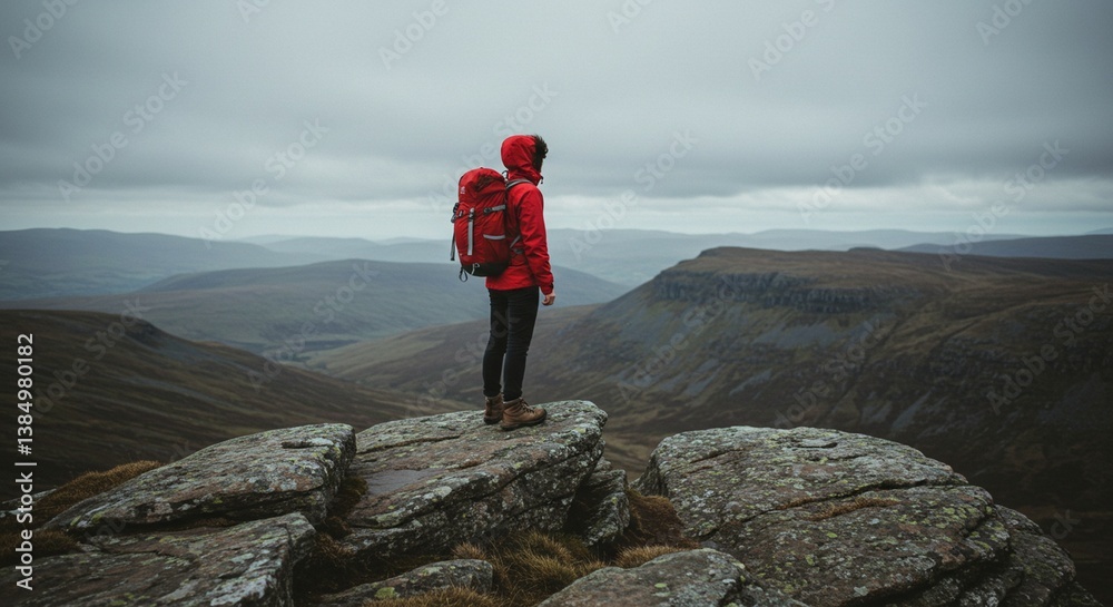 Obraz premium Father and daughter are traveling in the mountains. TA man helps a girl to climb over a rock. Forgotten islands. Norway.