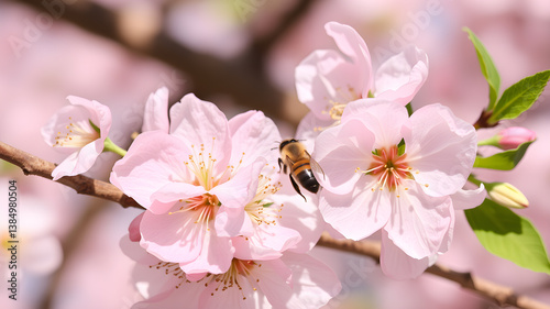 Spring, cherry blossom with honeybee Generative AI