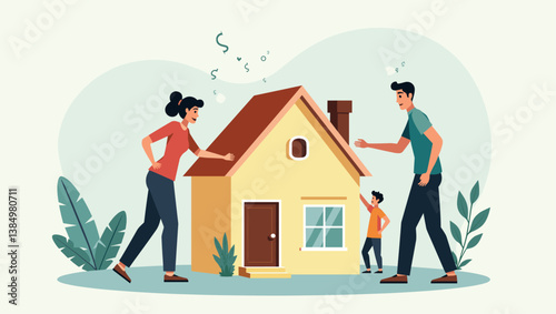 Stressed Family Burdened by Mortgage Debt: Financial Strain & Housing Market Woes - Vector Illustration Featuring Worried Parents & Child Under Financial Pressure