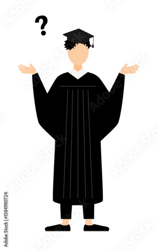 Simple illustration of an asian male graduates in graduation gowns and square caps questioning
