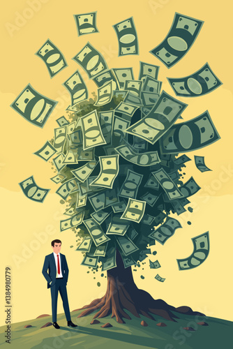 Cartoon Money Tree with Businessman: Investment, Wealth, and Financial Growth Concept. Symbolizes Prosperity, Fortune and Success for Business and Personal Finance.