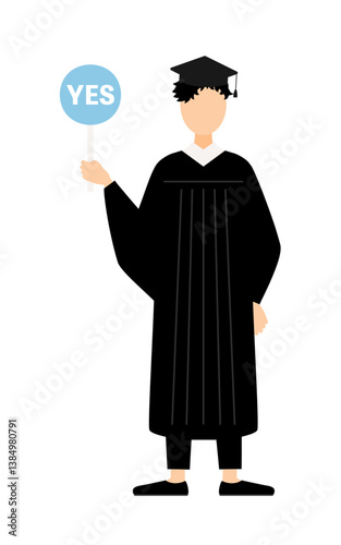 Simple illustration of an asian male graduate in a graduation gown and square cap holding a yes-no stick
