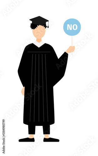 Simple illustration of an asian male graduate in a graduation gown and square cap holding a yes-no stick