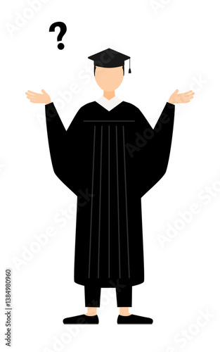 Simple illustration of an asian male graduates in graduation gowns and square caps questioning