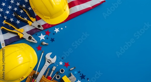 Happy Labor Day Celebrating American workers with hard hats tools and the American flag against a vibrant blue background featuring festive stars AI Generative