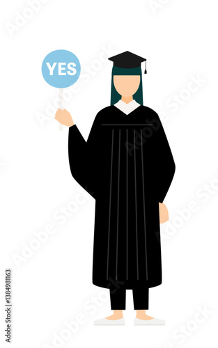 Simple illustration of an asian female graduate in a graduation gown and square cap holding a yes-no stick