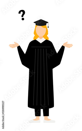Simple illustration of a white female graduates in graduation gowns and square caps questioning