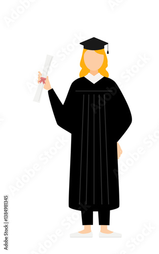 Simple illustration of a white female graduates in graduation gowns and square caps holding a diploma