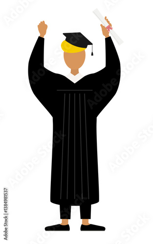 Simple illustration of a black male graduates in graduation gowns and square caps gut-punching with a diploma